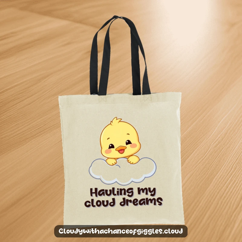 Funny duckling tote bag depicting a smiling duckling peeking from a cloud, ideal for carrying essentials with a humorous touch.