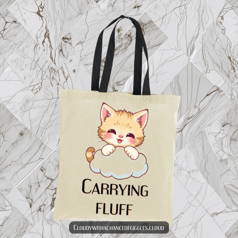 Funny tote bag showing a curious kitten playfully batting at a smiling cloud, ideal for carrying everyday items with cheer.