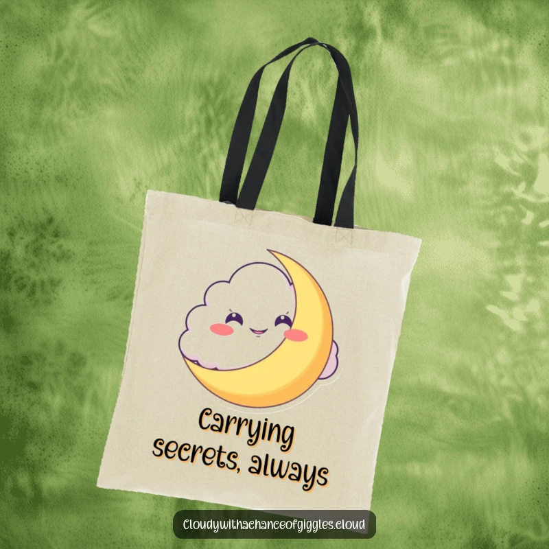 Funny Tote Bag: A mischievous cloud grins playfully from behind a crescent moon, carrying secrets and smiles on the go.