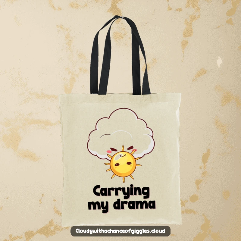 Funny tote bag showcasing a mischievous cloud with a sly grin, hiding behind a tiny sun, ideal for carrying groceries or witty remarks.