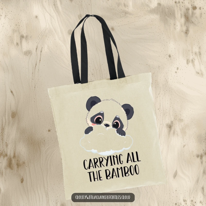 Funny panda cub tote bag depicting a curious panda cub with wide eyes peeking over a cloud, perfect for stylish and humorous carrying.