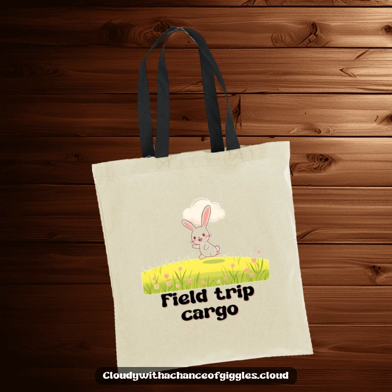 Funny rabbit tote bag, a joyful rabbit hopping through a field under a whimsical, smiling cloud, practical and cute accessory.