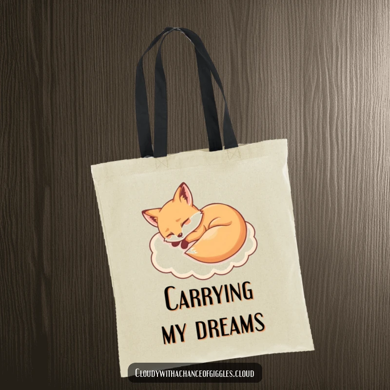 Funny sleepy fox lounging on a cloud tote bag, perfect for carrying essentials with a humorous, dreamy vibe.