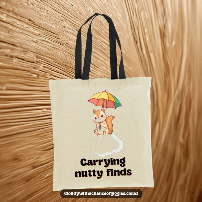 Funny tote bag with a squirrel sitting on a cloud, humorously holding an umbrella upside down.