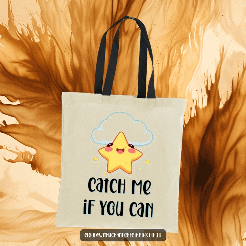 Funny tote bag depicting a happy star character safely descending from a cloud, ready for any humorous adventure.