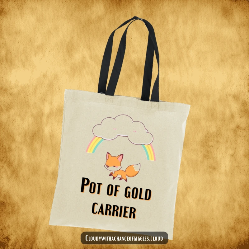 Funny fox tote bag, a happy fox chasing a rainbow from a fluffy cloud, practical and magical accessory.